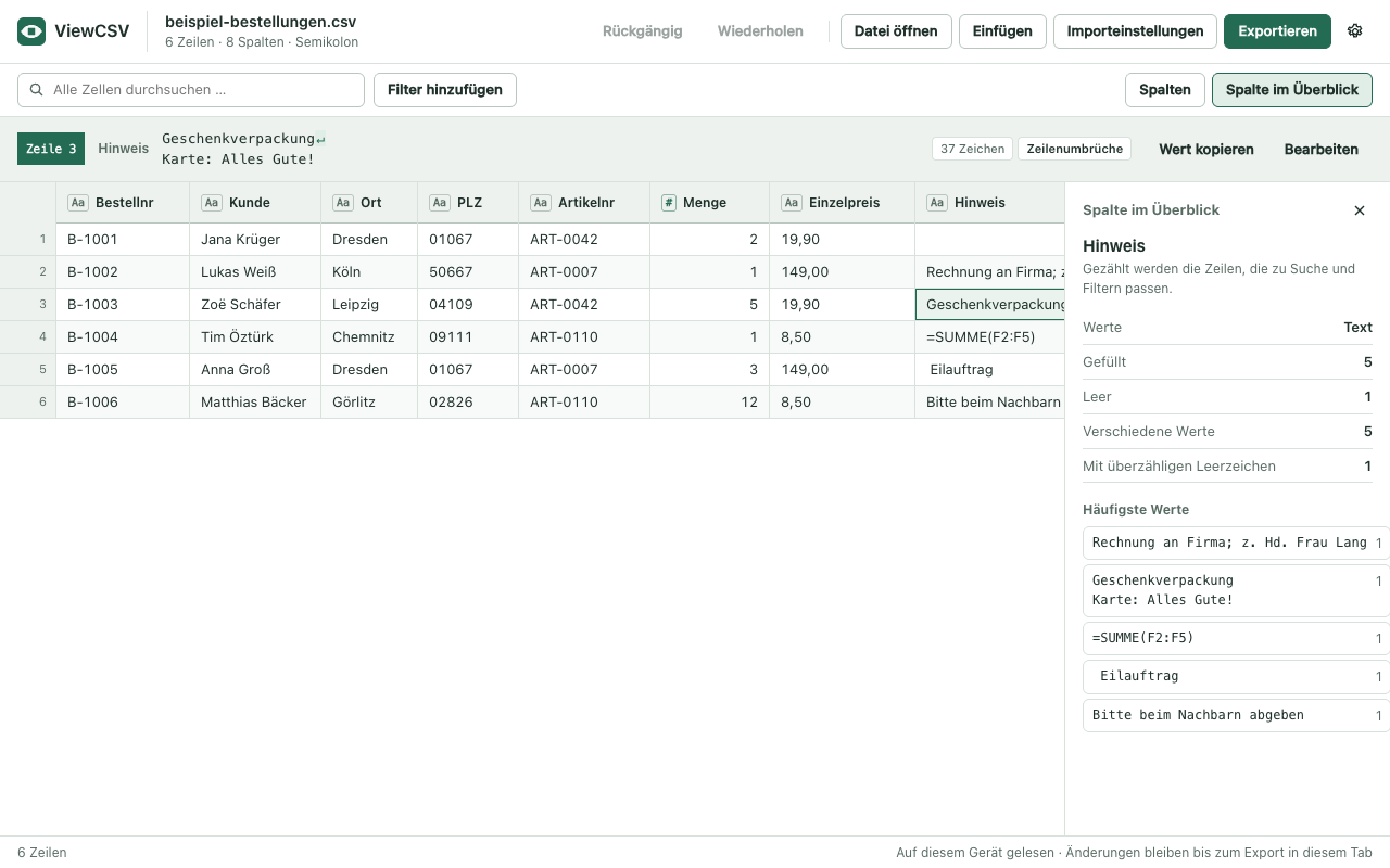 Die ViewCSV-Erweiterung zeigt eine CSV-Datei als Tabelle in einem Browsertab