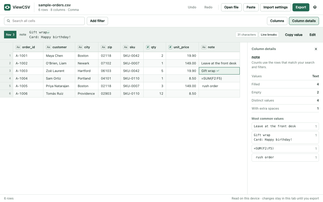 The ViewCSV extension showing a CSV file as a table in a browser tab
