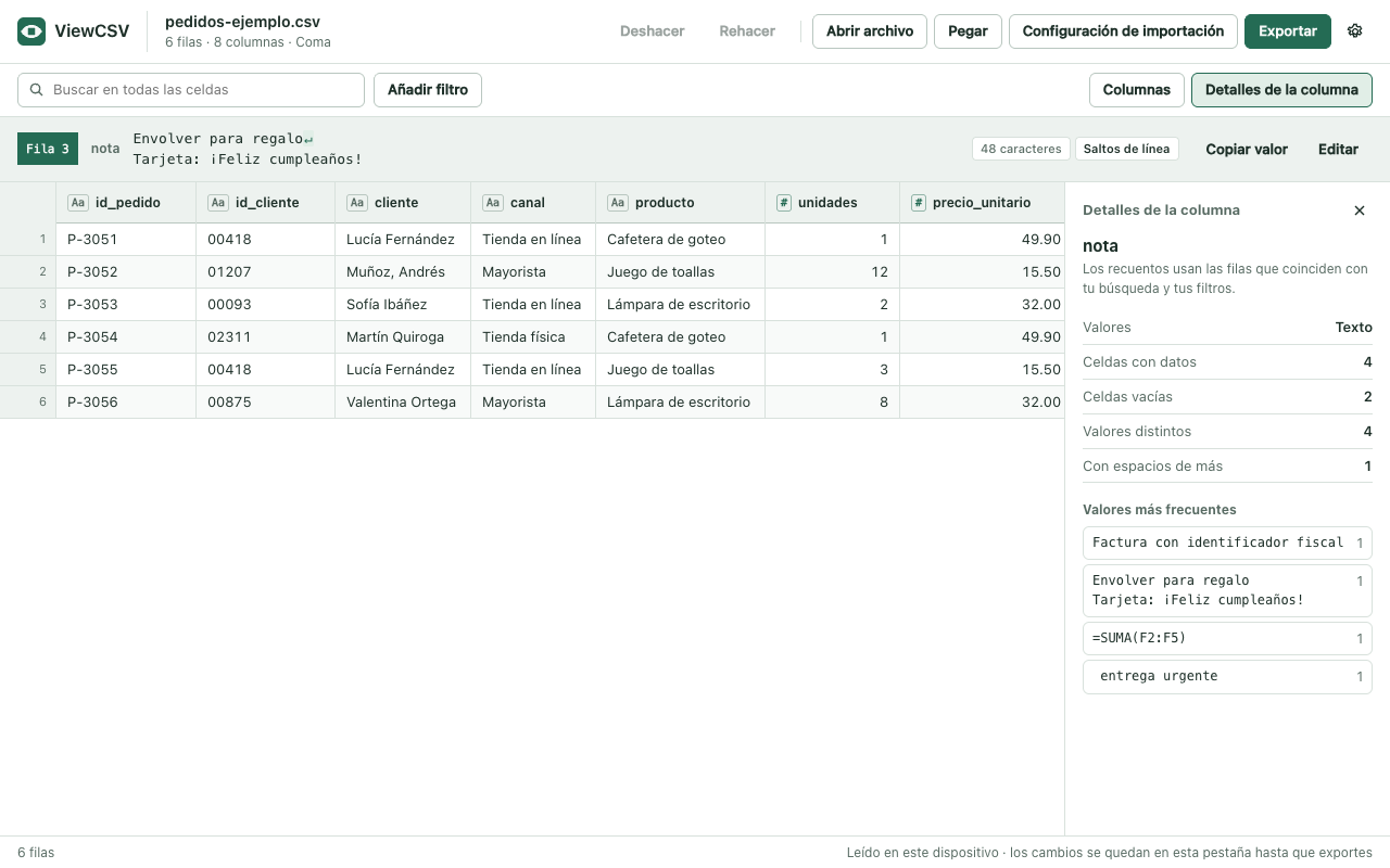 La extensión de ViewCSV mostrando un archivo CSV como tabla en una pestaña del navegador