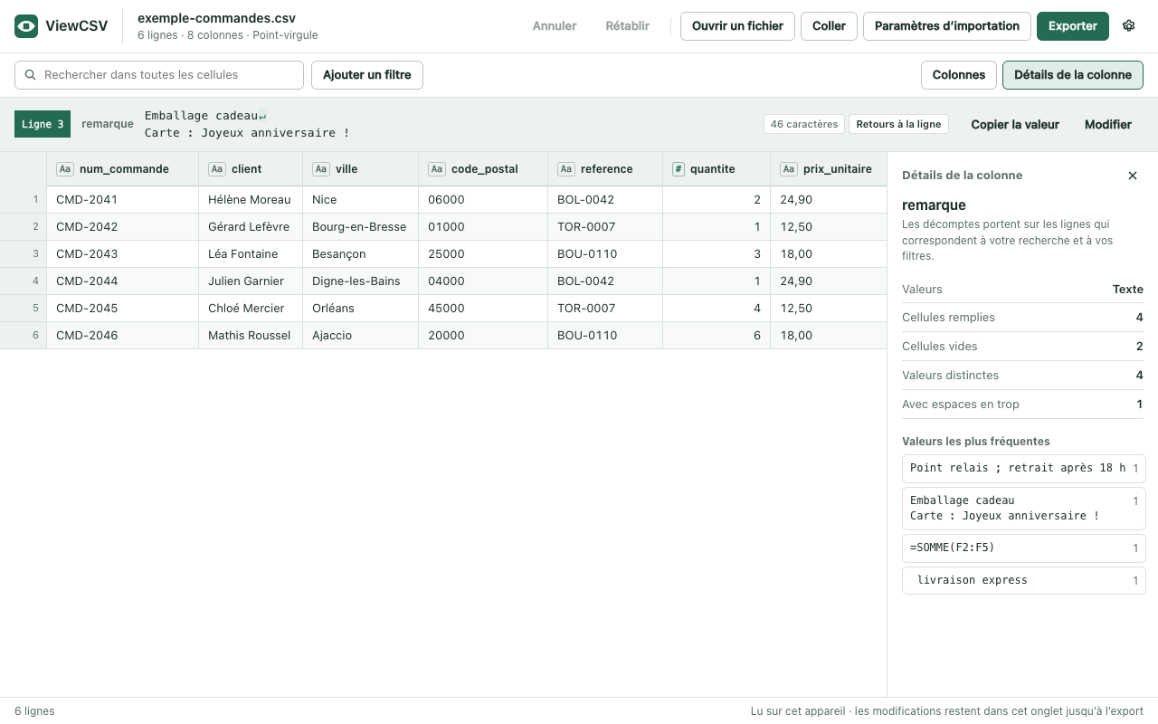 L’extension ViewCSV affichant un fichier CSV sous forme de tableau dans un onglet du navigateur